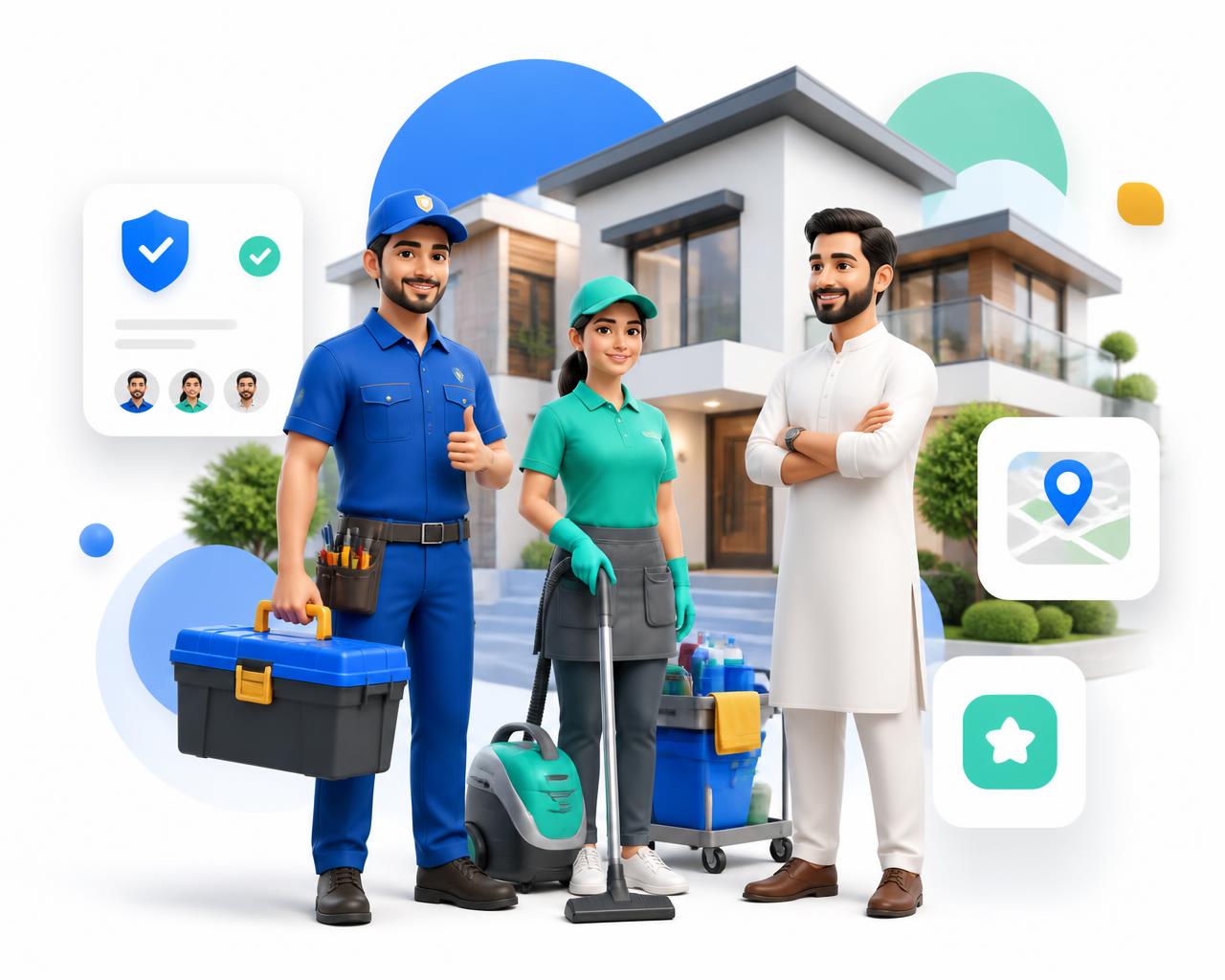 Verified cleaning specialist, electrician and homeowner in front of a modern Pakistani home